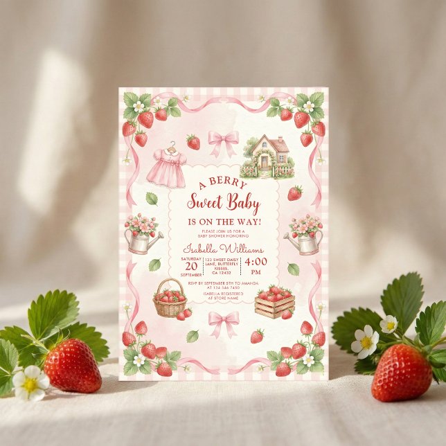 Strawberry bow baby shower First Berry Sweet Invitation (Creator Uploaded)