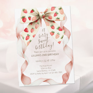 Strawberry Bow Berry Sweet Second Birthday  Invitation