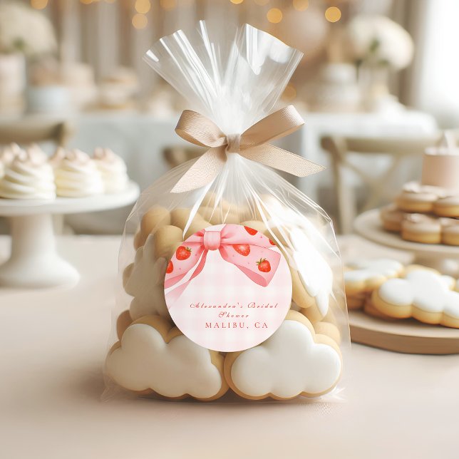 Strawberry Bow Bridal Shower Classic Round Sticker (Creator Uploaded)