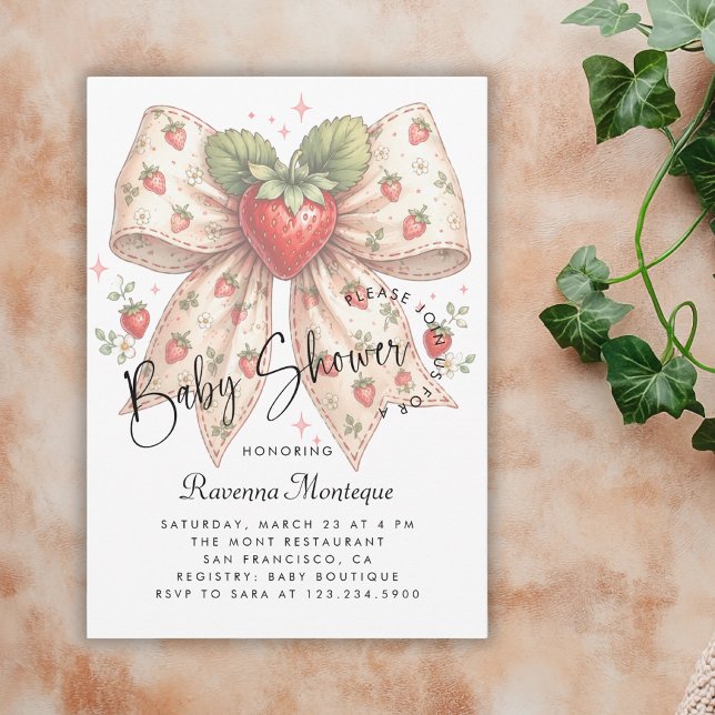 Strawberry Bow Coquette Modern Baby Shower Invitation (Creator Uploaded)