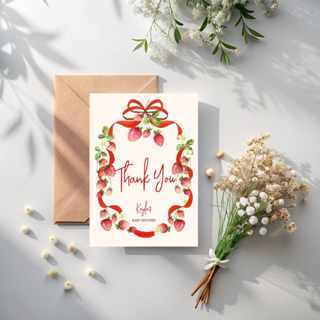 Strawberry bow ribbon coquette baby shower thank you card (Strawberry red bow ribbon coquette baby shower thank you cards berry sweet thank you cards)