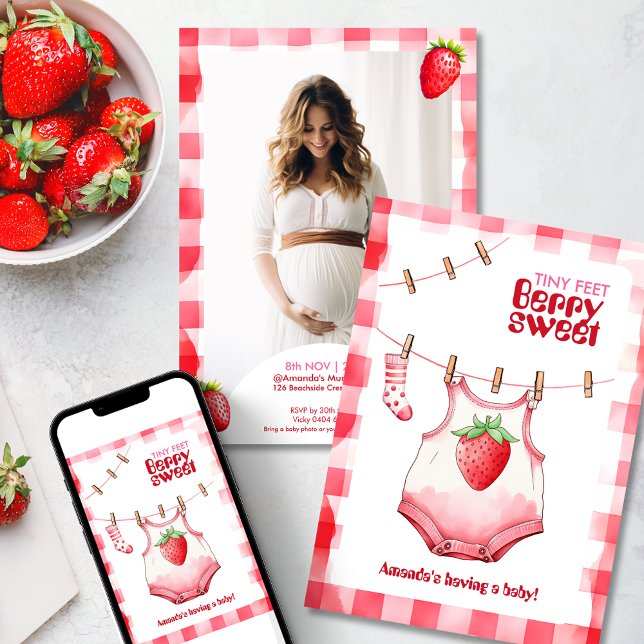 Strawberry Bridal Shower Pink Red Gingham Sweet Invitation (Strawberry gingham baby shower sweet berry tiny feet invitation retro vintage checked new mother fun)