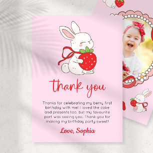 Strawberry Bunny 1st Birthday Photo Thank You Card