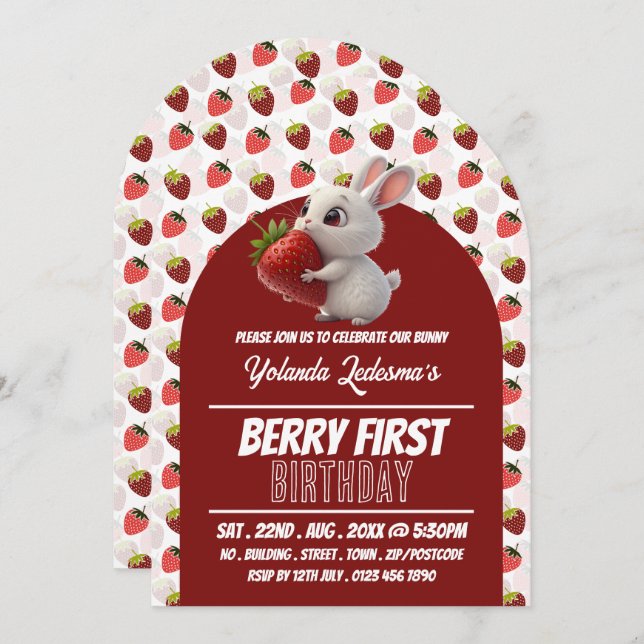Strawberry Bunny, Berry First Birthday Invitation (Front/Back)