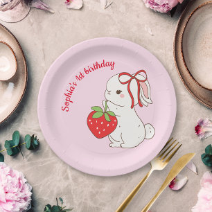 Strawberry Bunny Pink Birthday Paper Plate