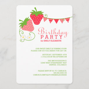 Strawberry Bunting Pink and Green Birthday Invitation