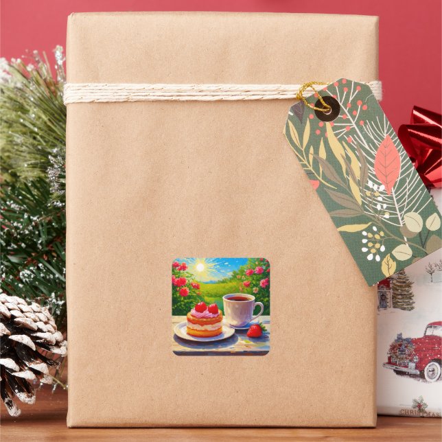 Strawberry Cake and Coffee Delight Square Sticker (Holiday)