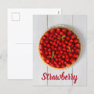 Strawberry cake with mint on white wood holiday postcard