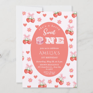 Strawberry & Cherry Floral 1st Birthday with photo Invitation