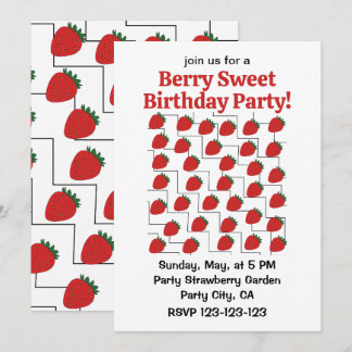 Strawberry Chevron Stripes Berry Sweet Birthday Invitation