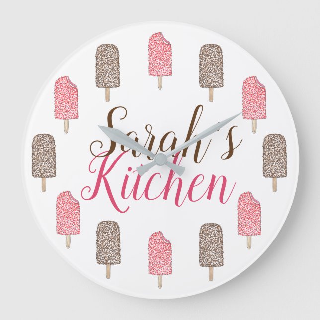 Strawberry Chocolate Ice Cream Popsicles Kitchen Large Clock (Front)