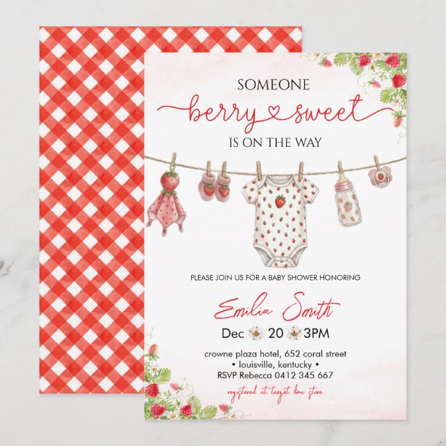 Strawberry clothesline Baby shower  Invitation (Front/Back)