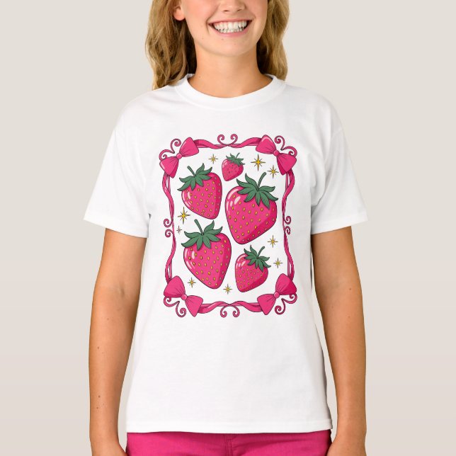 Strawberry Coquette Aesthetic Pink Bow Cute Design T-Shirt (Front)