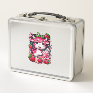 Strawberry Cow Kawaii Anime Strawberry Milk  Metal Lunch Box