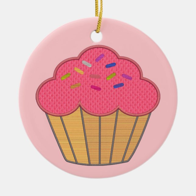 Strawberry Cupcake Faux Embroidery Print Ceramic Tree Decoration (Front)