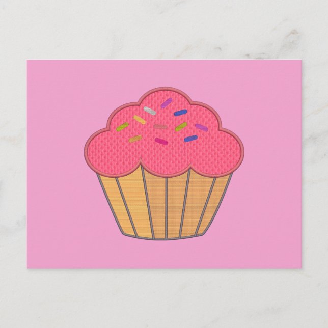 Strawberry Cupcake Faux Embroidery Print Postcard (Front)
