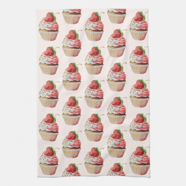 Strawberry Cupcake Sweet Dessert Pattern Tea Towel (Vertical)