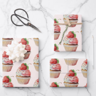 Strawberry Cupcake Sweet Dessert Pattern Wrapping Paper Sheet