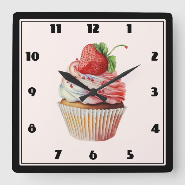 Strawberry Cupcake Sweet Dessert Square Wall Clock (Front)