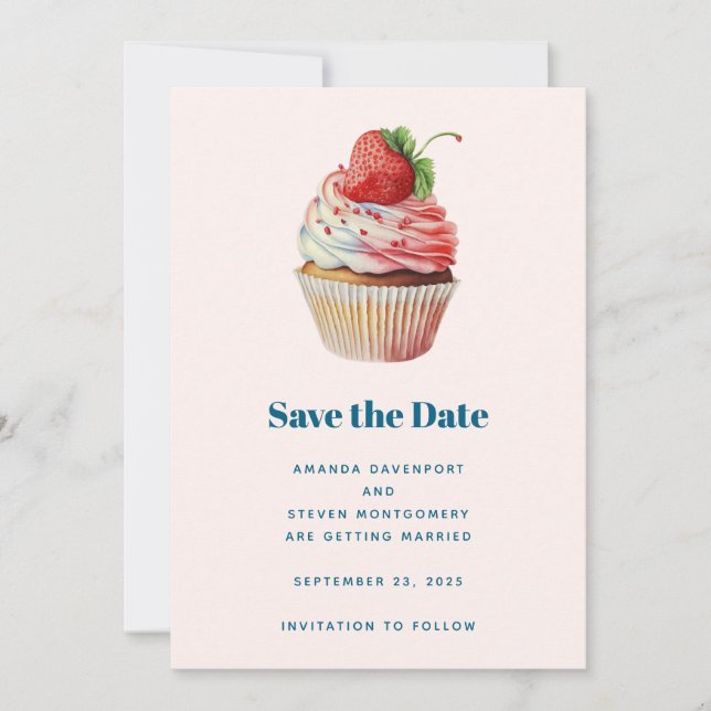 Strawberry Cupcake Sweet Dessert Wedding Save The Date (Front)