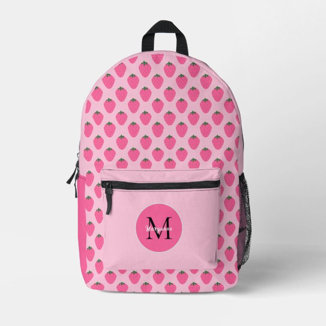 Strawberry customised pink girls  printed backpack (Front)