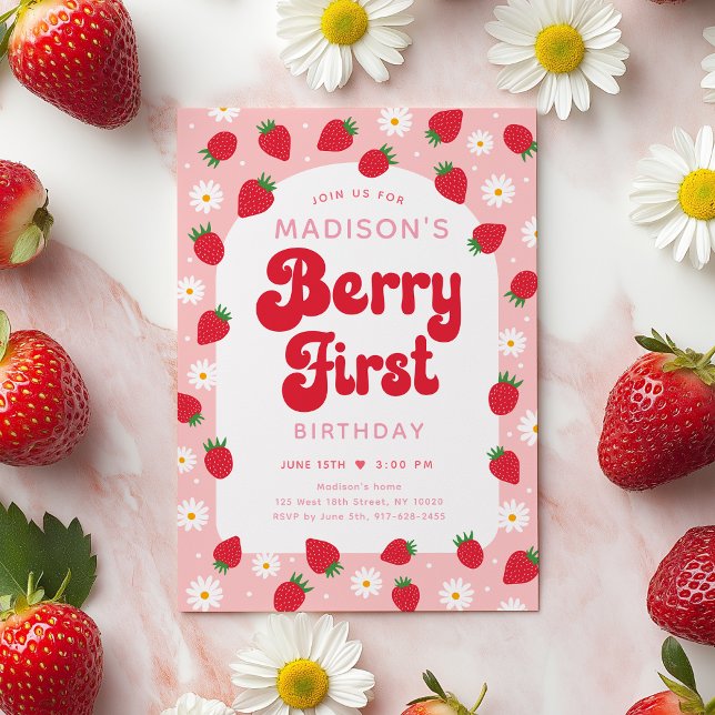 Strawberry Daisy Berry First Birthday Invitation (Creator Uploaded)