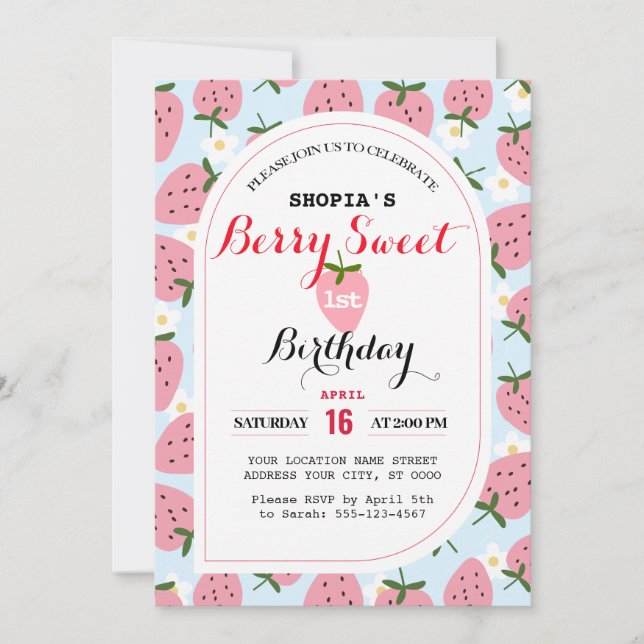 Strawberry Delight First Birthday Invitation (Front)