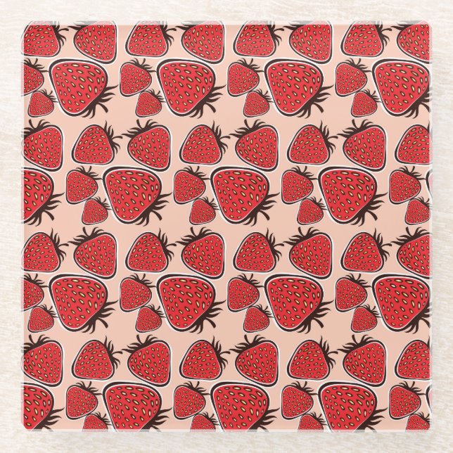 Strawberry Delight: Vintage Pattern Charm. Glass Coaster (Front)