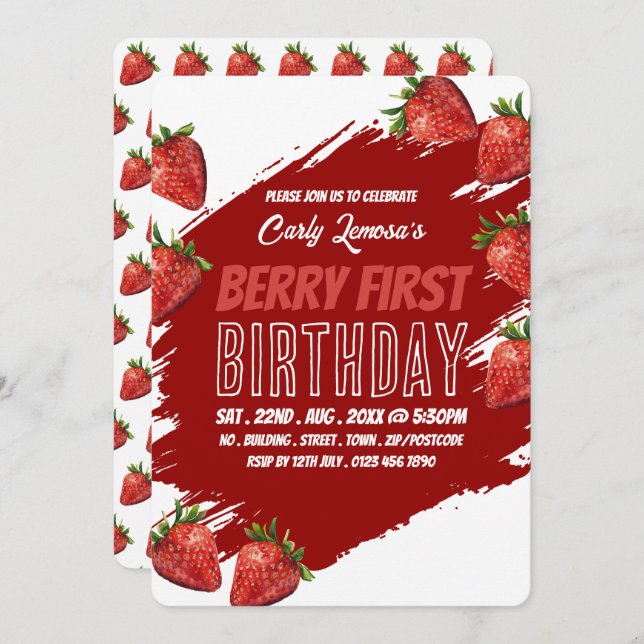 Strawberry Design, Berry First Birthday Invitation (Front/Back)