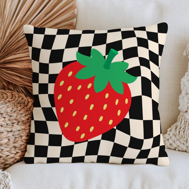 Strawberry Design on Chequered Pattern Retro Fruit Cushion (Creator Uploaded)
