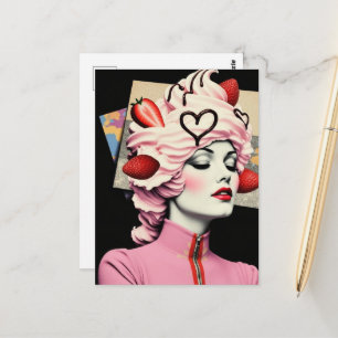 Strawberry Dessert Woman Mixed Media Collage Postcard