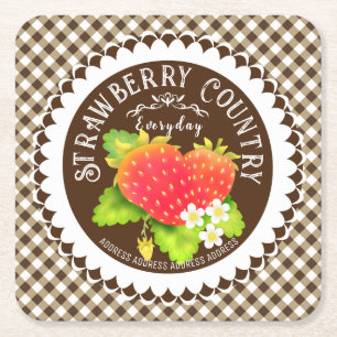 Strawberry Doilies Brown Gingham Square Paper Coaster