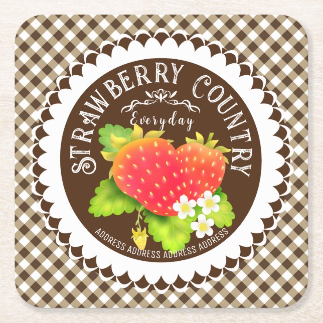 Strawberry Doilies Brown Gingham Square Paper Coaster (Front)