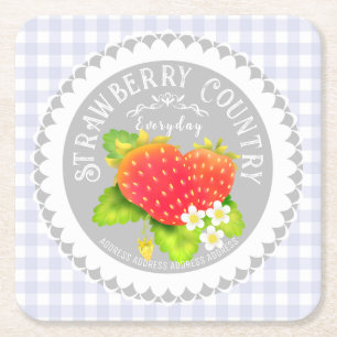 Strawberry Doilies Grey Plaid Square Paper Coaster