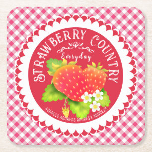 Strawberry Doilies Red Gingham Square Paper Coaster