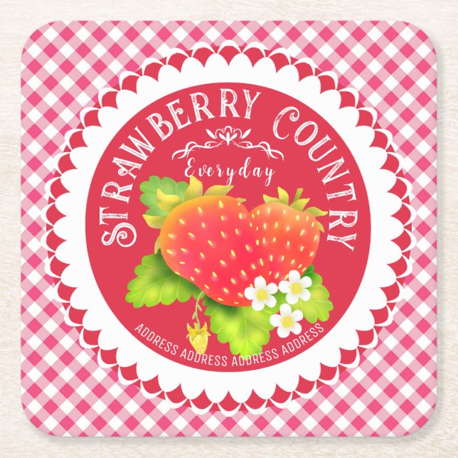 Strawberry Doilies Red Gingham Square Paper Coaster (Front)