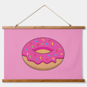 Strawberry Doughnut with Sprinkles Cartoon Hanging Tapestry