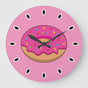 Strawberry Doughnut with Sprinkles Cartoon Large Clock
