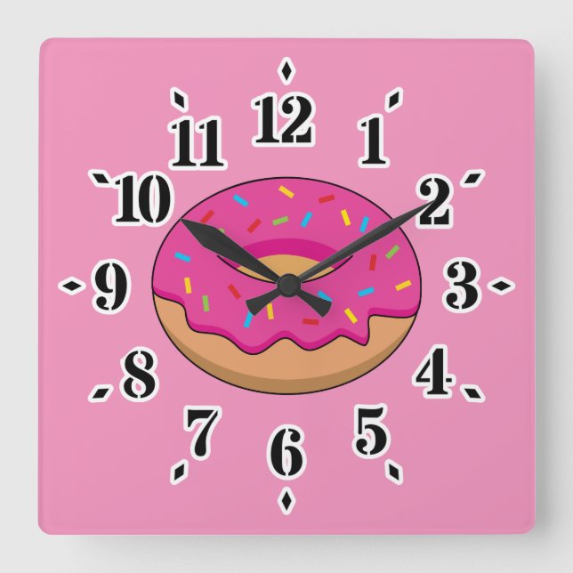 Strawberry Doughnut with Sprinkles Cartoon Square Wall Clock (Front)