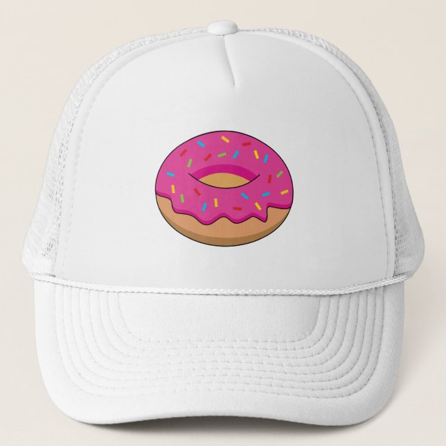 Strawberry Doughnut with Sprinkles Cartoon Trucker Hat (Front)