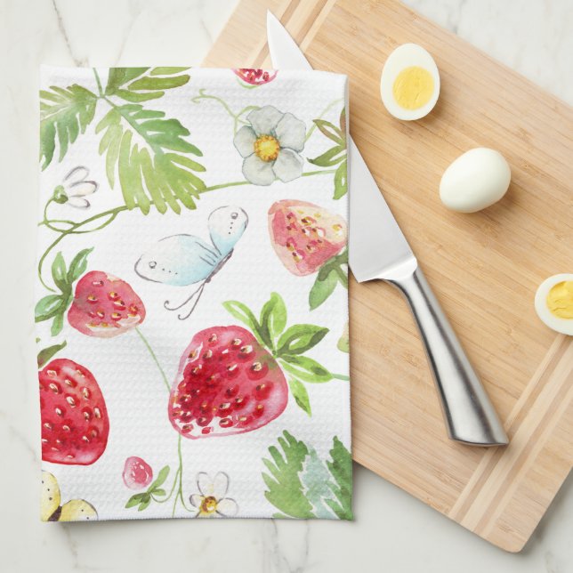 Strawberry Dragonfly Butterfly White Flower Floral Tea Towel (Quarter Fold)
