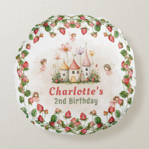 Strawberry enchanted fairy garden birthday  round cushion