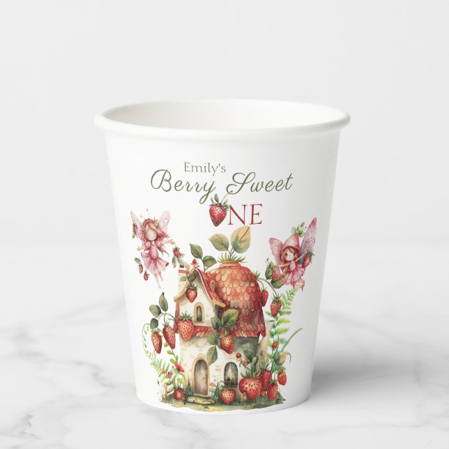 Strawberry Fairy Berry Sweet Girls First Birthday Paper Cups (Front)