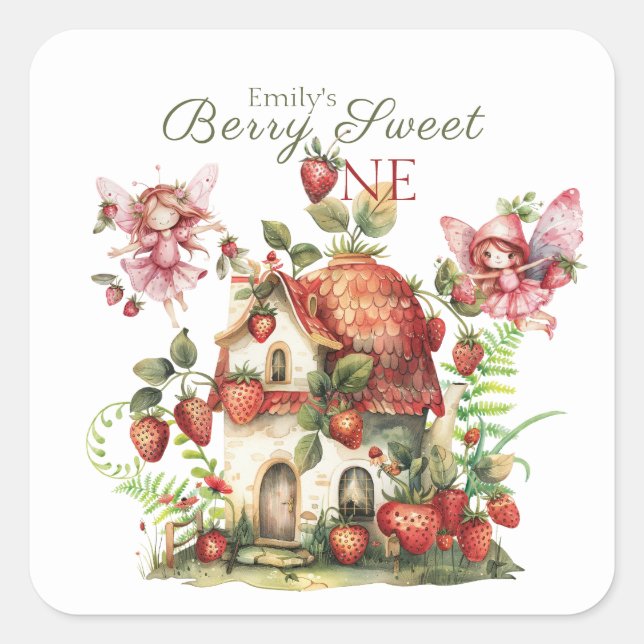 Strawberry Fairy Berry Sweet Girls First Birthday Square Sticker (Front)