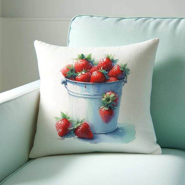 Strawberry Farmhouse Decorating Cushion (Farmhouse style throw pillow features watercolor strawberries in a tin pint. )