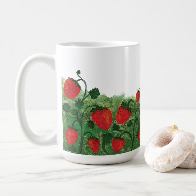 Strawberry Field Watercolor Illustration Coffee Mug (With Donut)