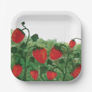 Strawberry Field Watercolor Illustration Paper Plate