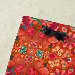 Strawberry Fields Coral Paisley Beach Towel