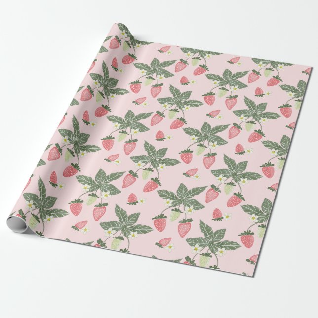 Strawberry fields pink and green wrapping paper (Unrolled)