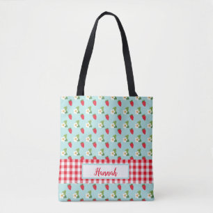 Strawberry Fields - Red Gingham Check Monogram Tote Bag